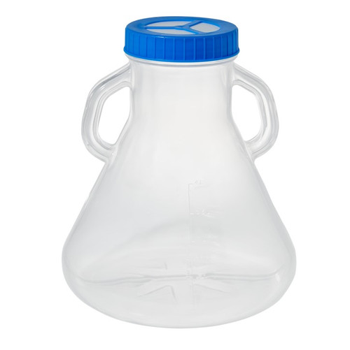 tri bio 5l co polymer erlenmeyer shaker flask with 0 2 micron vented cap for gas exchanges rnase and dnase free sterile individually wrapped blue caps 